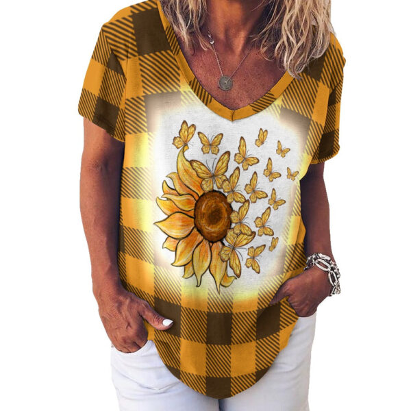Buffalo Plaid  Sunflowers and Butterflies V-Neck Loose Short Sleeve T-Shirt - Image 4