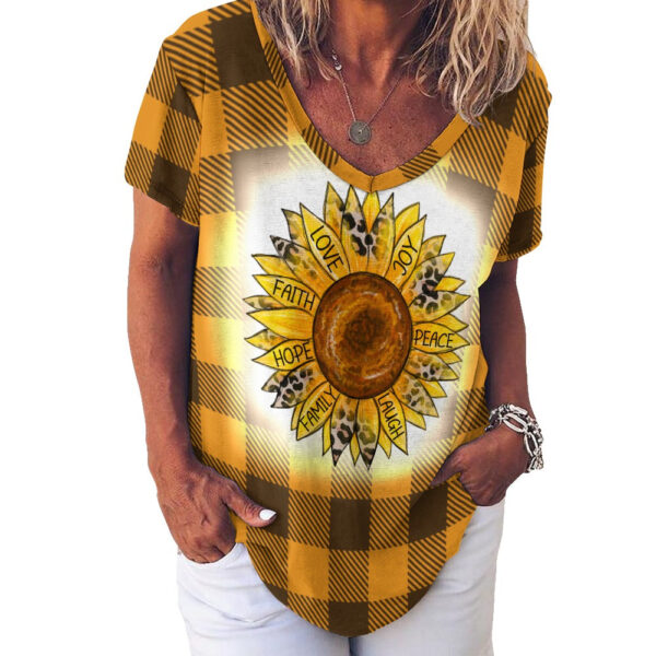 Buffalo Plaid Sunflower V-Neck Loose Short Sleeve T-Shirt - Image 5