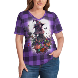 Buffalo Plaid  Witch Ladies V-Neck Loose Short Sleeve T-Shirt