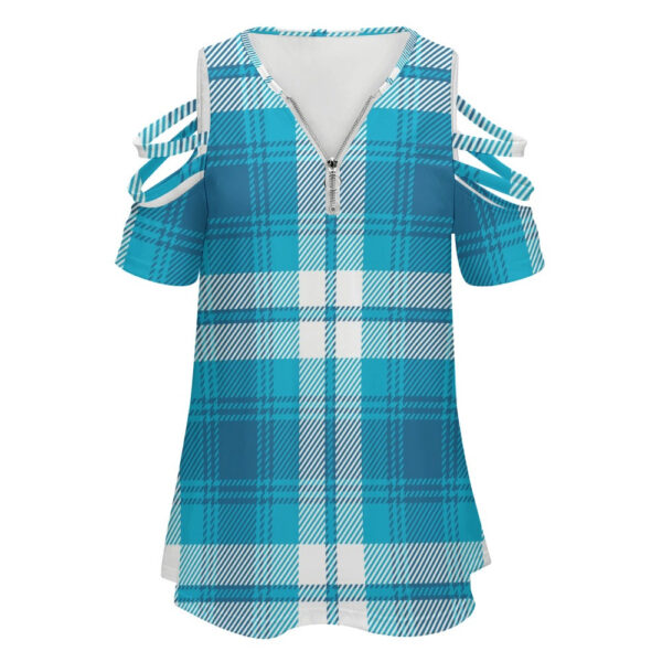 Ladies Blue Plaid BE Zip Off Shoulder Top - Image 5