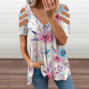 Ladies Floral BE Zip Off Shoulder Top
