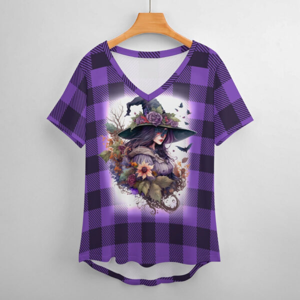 Buffalo Plaid  Witch Ladies V-Neck Loose Short Sleeve T-Shirt - Image 2