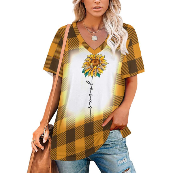 Buffalo Plaid Jesus V-Neck Loose Short Sleeve T-Shirt - Image 7