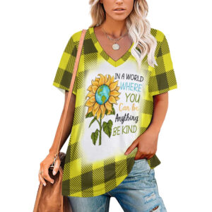 Buffalo Plaid  Be Kind Sunflower Ladies V-Neck Loose Short Sleeve T-Shirt