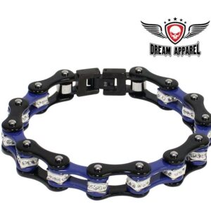 Black And Blue Squared Motorcycle Bracelet With Clear Gemstones