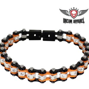 Black And Orange Squared Motorcycle Bracelet W/ Clear Gemstones