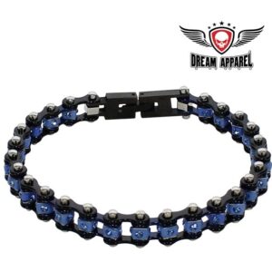 Black Chrome and Blue Squared Motorcycle Bracelet With Blue Gemstones