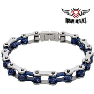Chrome and Blue Squared Motorcycle Bracelet With Blue Gemstones