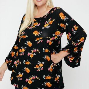 Black Yellow and Floral Bubble Sleeve Tunic