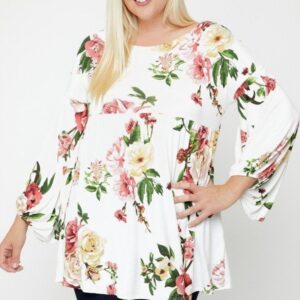 Off White Floral Bubble Sleeve Tunic