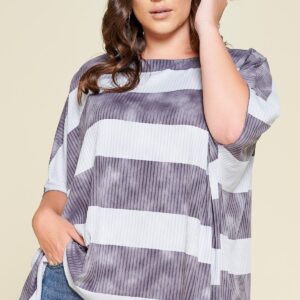 Plus Size Stripe Printed Pleated Blouse - Blue