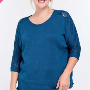 Solid Round Neck 3/4 Sleeve Sweater Top - Blue