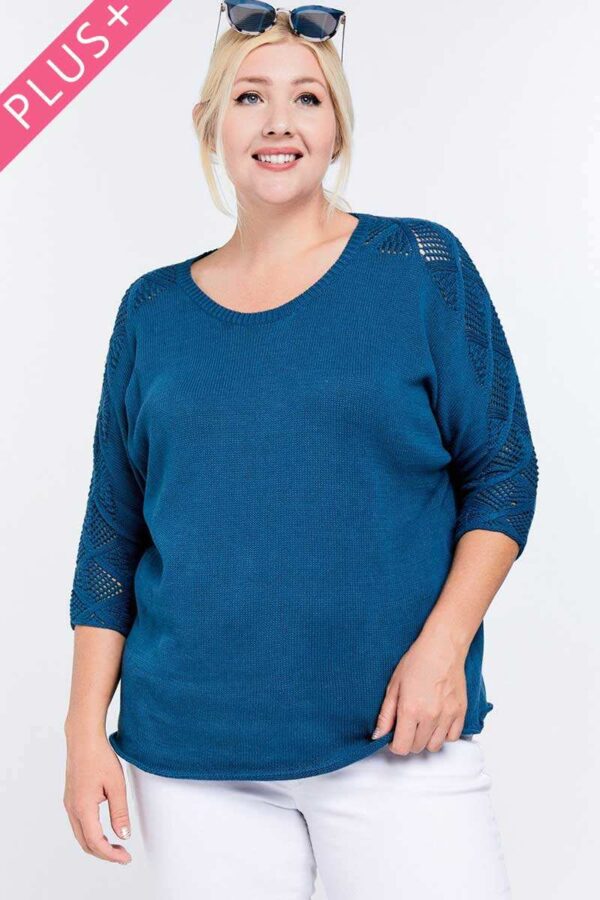 Solid Round Neck 3/4 Sleeve Sweater Top - Blue