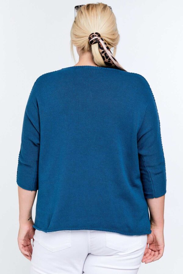 Solid Round Neck 3/4 Sleeve Sweater Top - Blue - Image 3
