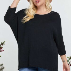 Solid Round Neck 3/4 Sleeve Sweater Top - Black