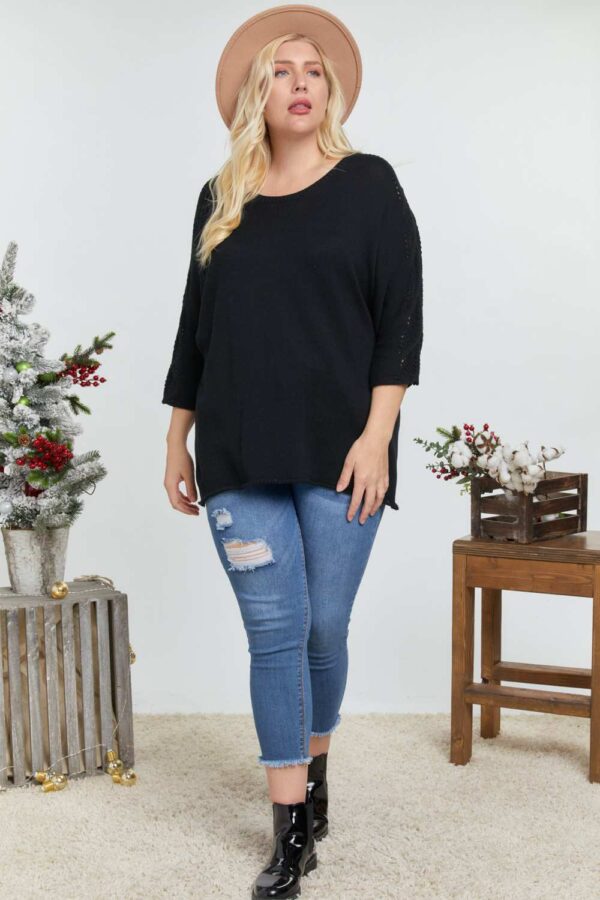 Solid Round Neck 3/4 Sleeve Sweater Top - Black - Image 2