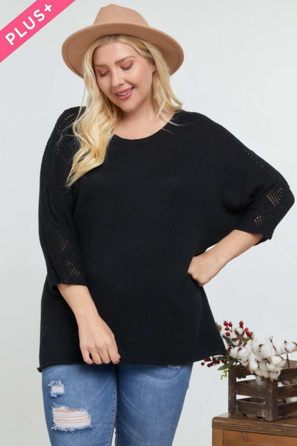 Solid Round Neck 3/4 Sleeve Sweater Top - Black - Image 3