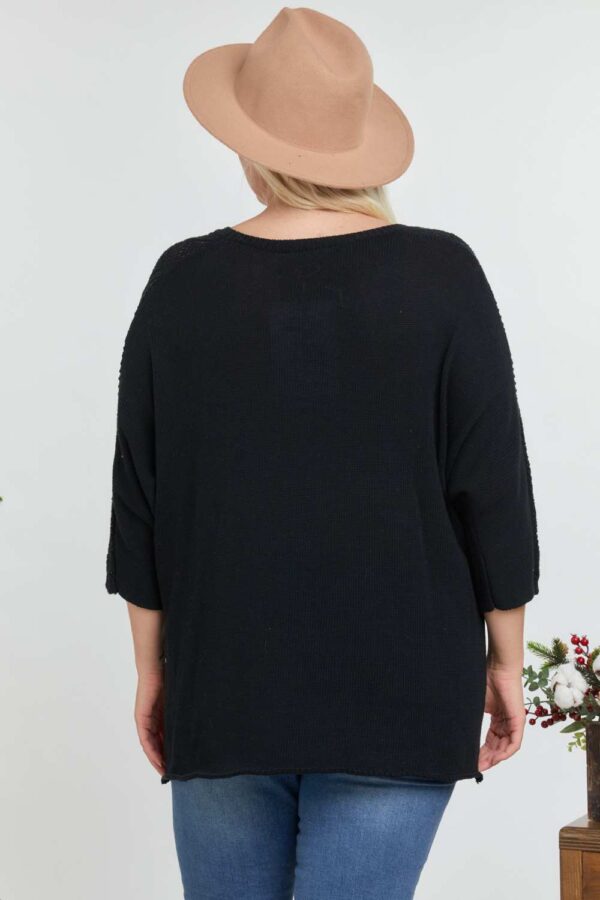 Solid Round Neck 3/4 Sleeve Sweater Top - Black - Image 4