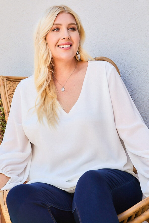 V-Neck Bubble Sleeve Solid Top - White - Image 2