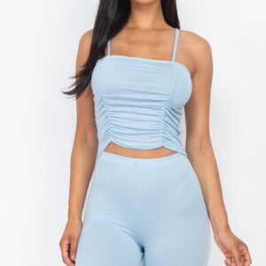 Sky Blue Camisole Ruched Sleeveless Top & Biker Shorts Set