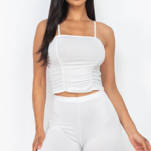 White Camisole Ruched Sleeveless Top & Biker Shorts Set
