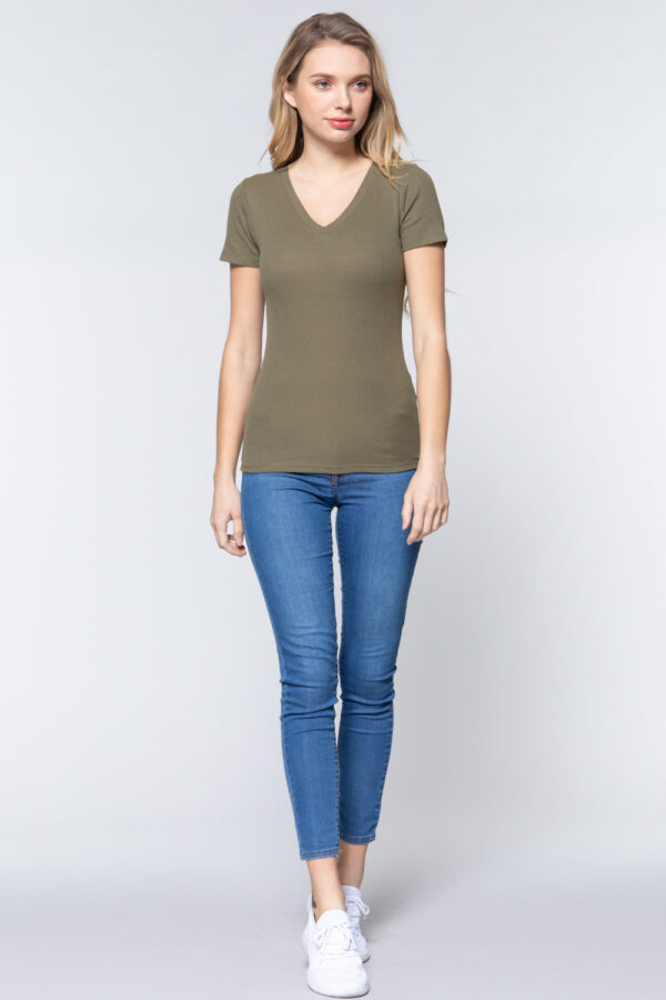 Short Sleeve V-neck Rib Top - Olive Green - Image 2