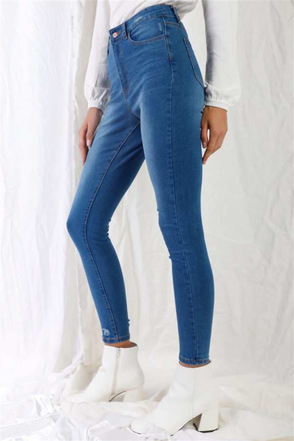 Mid Blue High-waisted With Rips Skinny Denim Jeans - Image 3