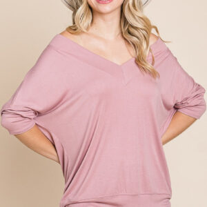 Mauve Solid Rib Modal Casual 3/4 Sleeves Dolman Sleeves Top