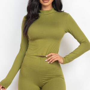 Olive Mock Neck Top & Biker Shorts Set