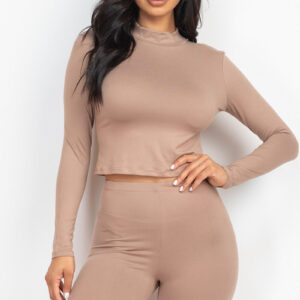 Taupe Grey Mock Neck Top & Biker Shorts Set