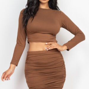 Downtown Brown Ruched Side Crop Top & Drawstring Skirt Set