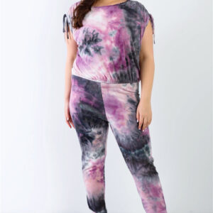Plus Purple & Black Tie-dye Ruched Shoulder Detail Top & Pants Set