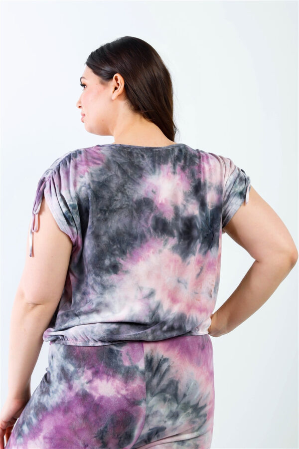 Plus Purple & Black Tie-dye Ruched Shoulder Detail Top & Pants Set - Image 4