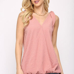 Solid Textured And Sleeveless Surplice Top With Shoulder Tie