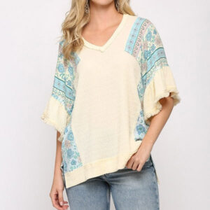 Texture Knit And Print Mixed Hi Low Hem Top - Ivory