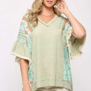 Texture Knit And Print Mixed Hi Low Hem Top - Light Sage