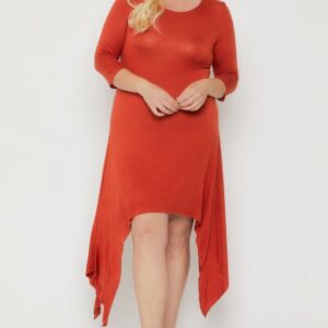 Asymmetrical Raw Edge Hem Solid Dress - Rust