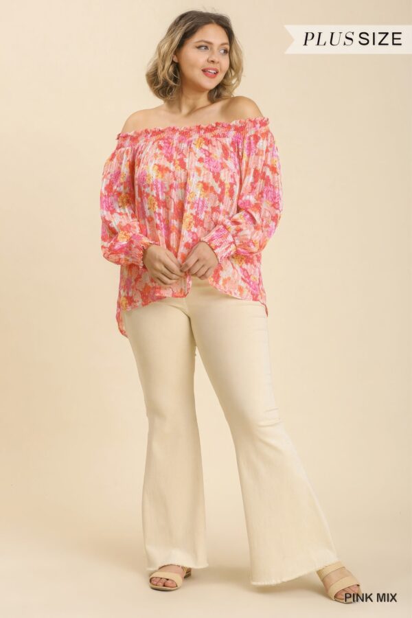 Sheer Floral Print Metallic Threading Long Sleeve Off Shoulder Top With High Low Hem - Image 2