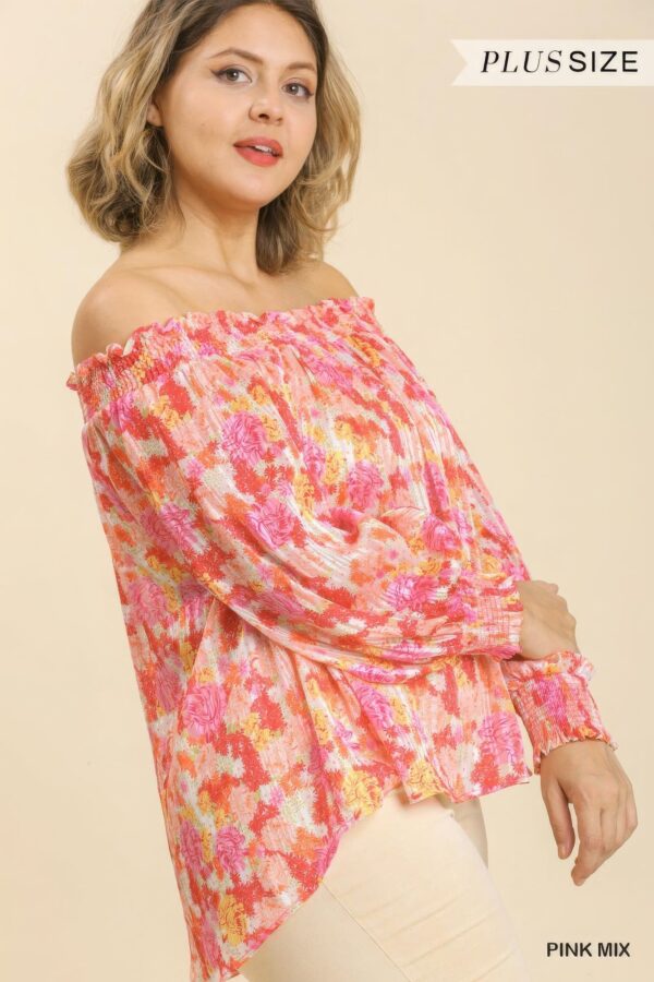 Sheer Floral Print Metallic Threading Long Sleeve Off Shoulder Top With High Low Hem - Image 3