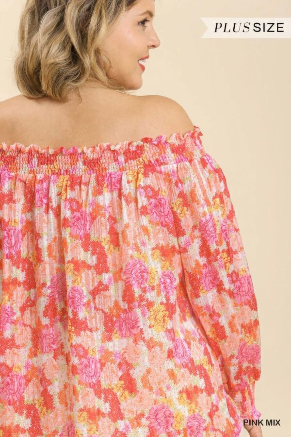 Sheer Floral Print Metallic Threading Long Sleeve Off Shoulder Top With High Low Hem - Image 5