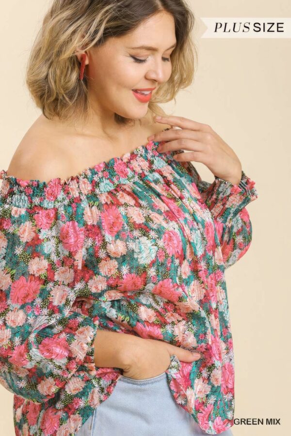 Sheer Floral Print Metallic Threading Long Sleeve Off Shoulder Top With High Low Hem - Image 4