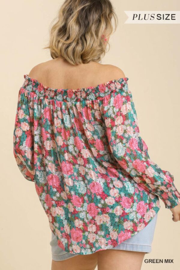 Sheer Floral Print Metallic Threading Long Sleeve Off Shoulder Top With High Low Hem - Image 5