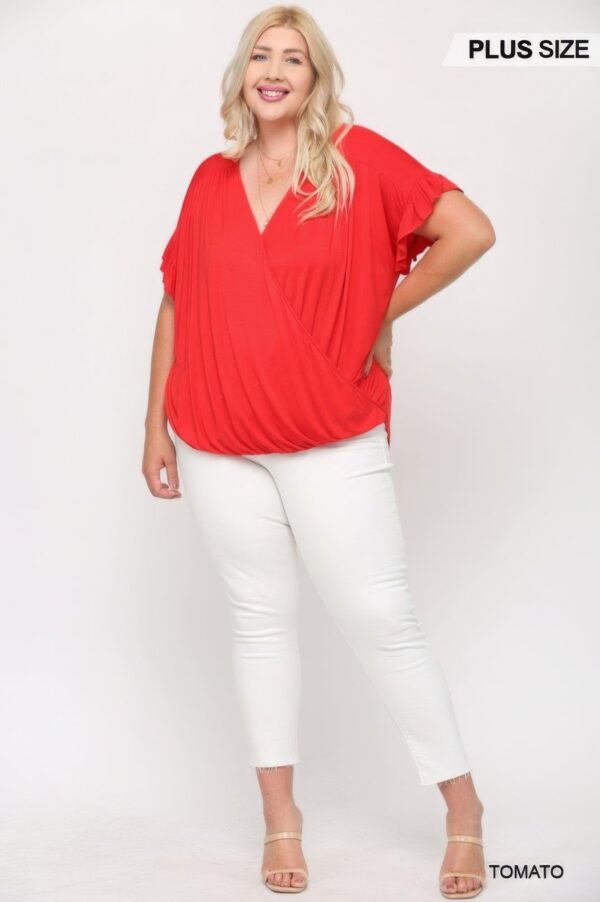 Solid Viscose Knit Surplice Top With Ruffle Sleeve - Image 2
