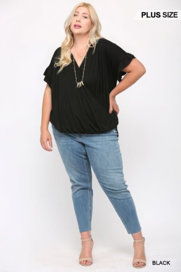 Solid Viscose Knit Surplice Top With Ruffle Sleeve - Image 2