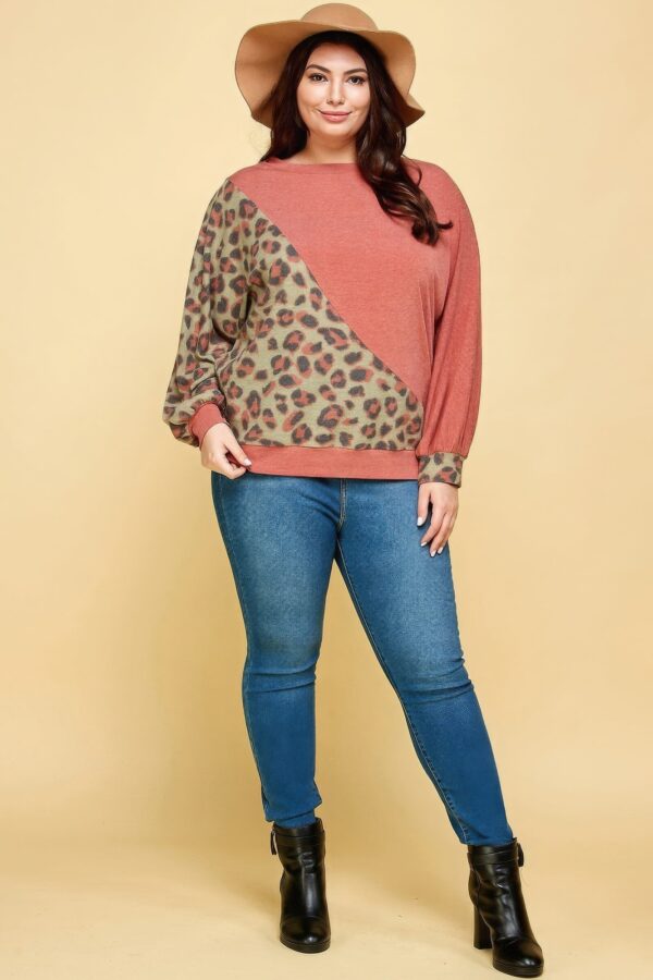 Plus Size Cute Animal French Terry Brush Contrast Print Pullover - Image 2
