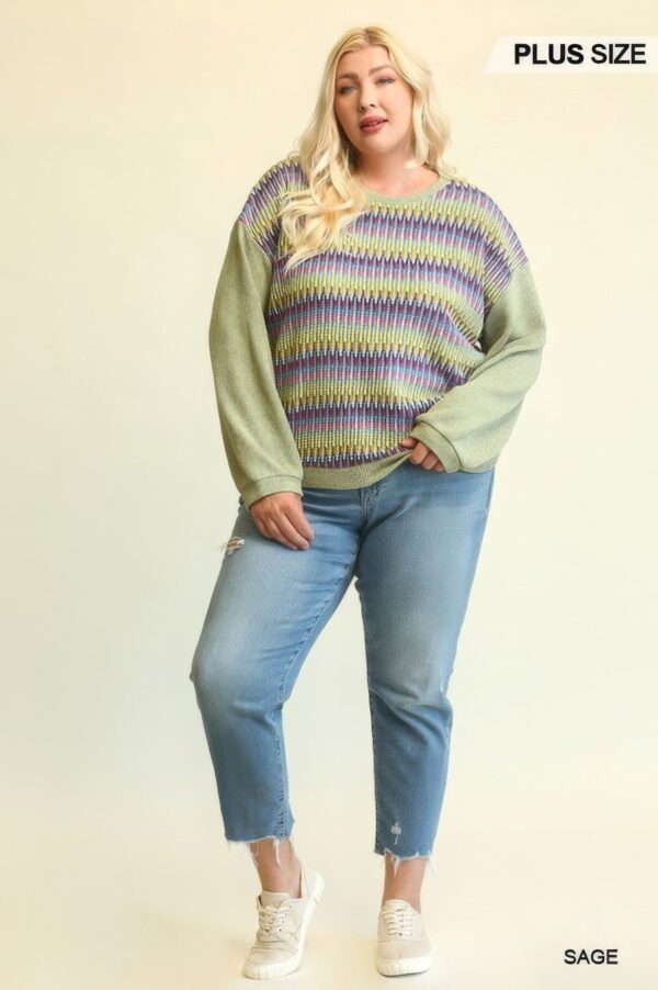 Novelty Knit And Solid Knit Mixed Loose Top With Drop Down Shoulder - Image 2