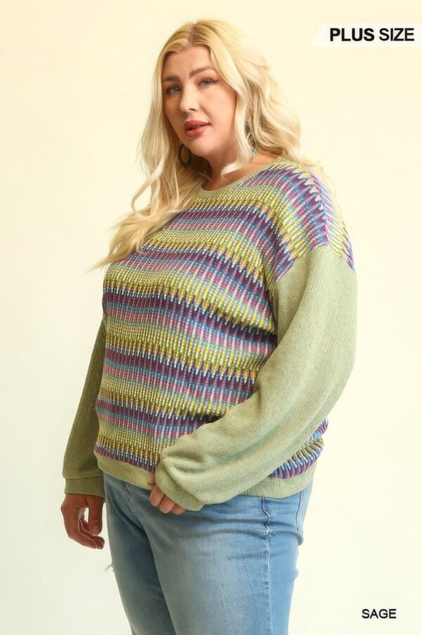 Novelty Knit And Solid Knit Mixed Loose Top With Drop Down Shoulder - Image 3