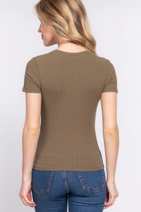 Olive Short Sleeve Crew Neck Variegated Rib Knit Top - Image 4
