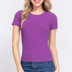 Purple Short Sleeve Crew Neck Variegated Rib Knit Top