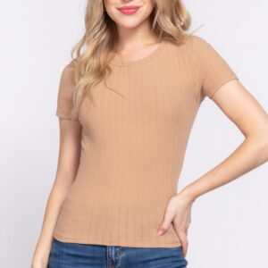 Sand Khaki Short Sleeve Crew Neck Variegated Rib Knit Top